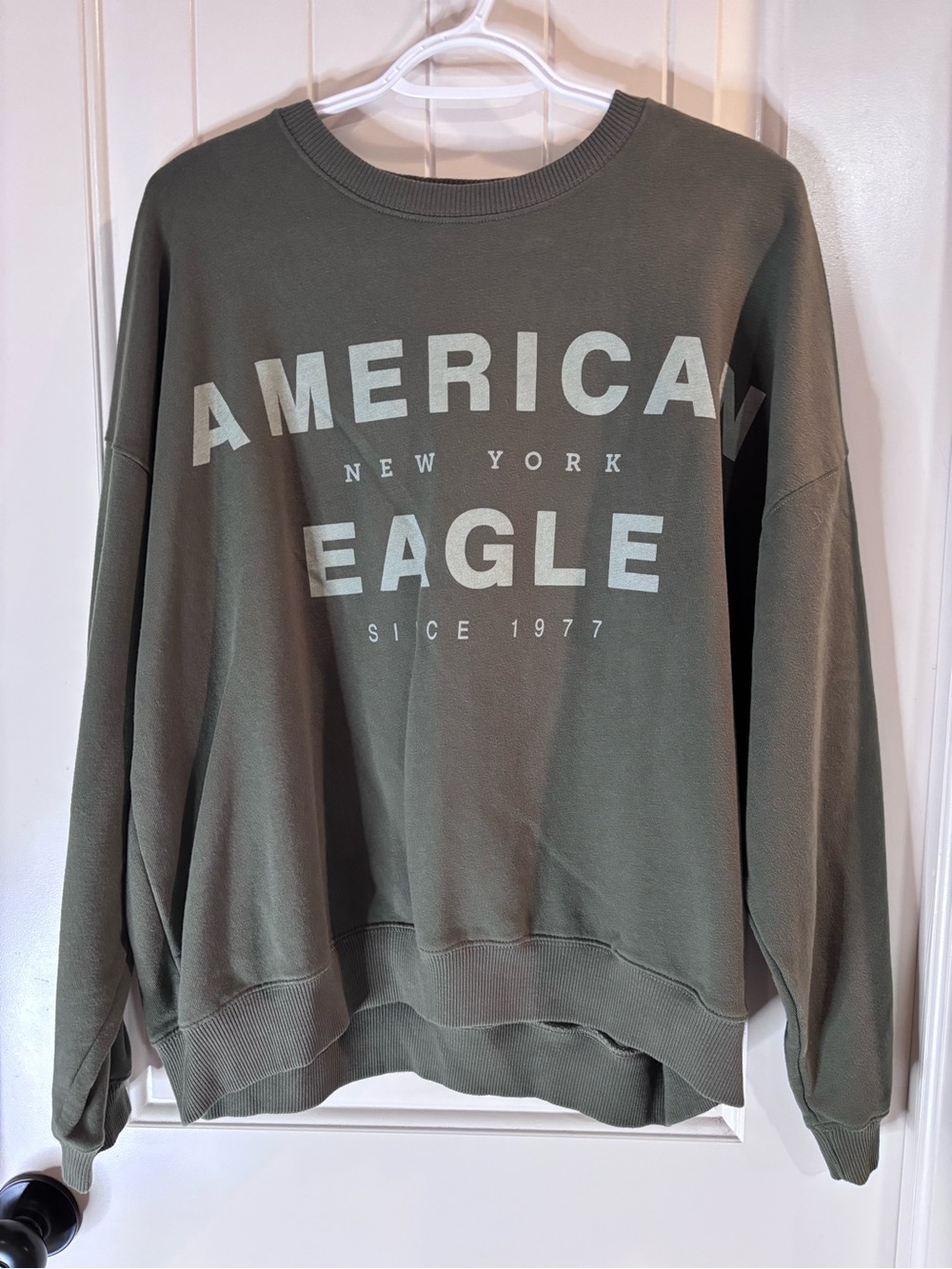 American Eagle Outfitters Olive Crewneck Sweatshirt with White Logo